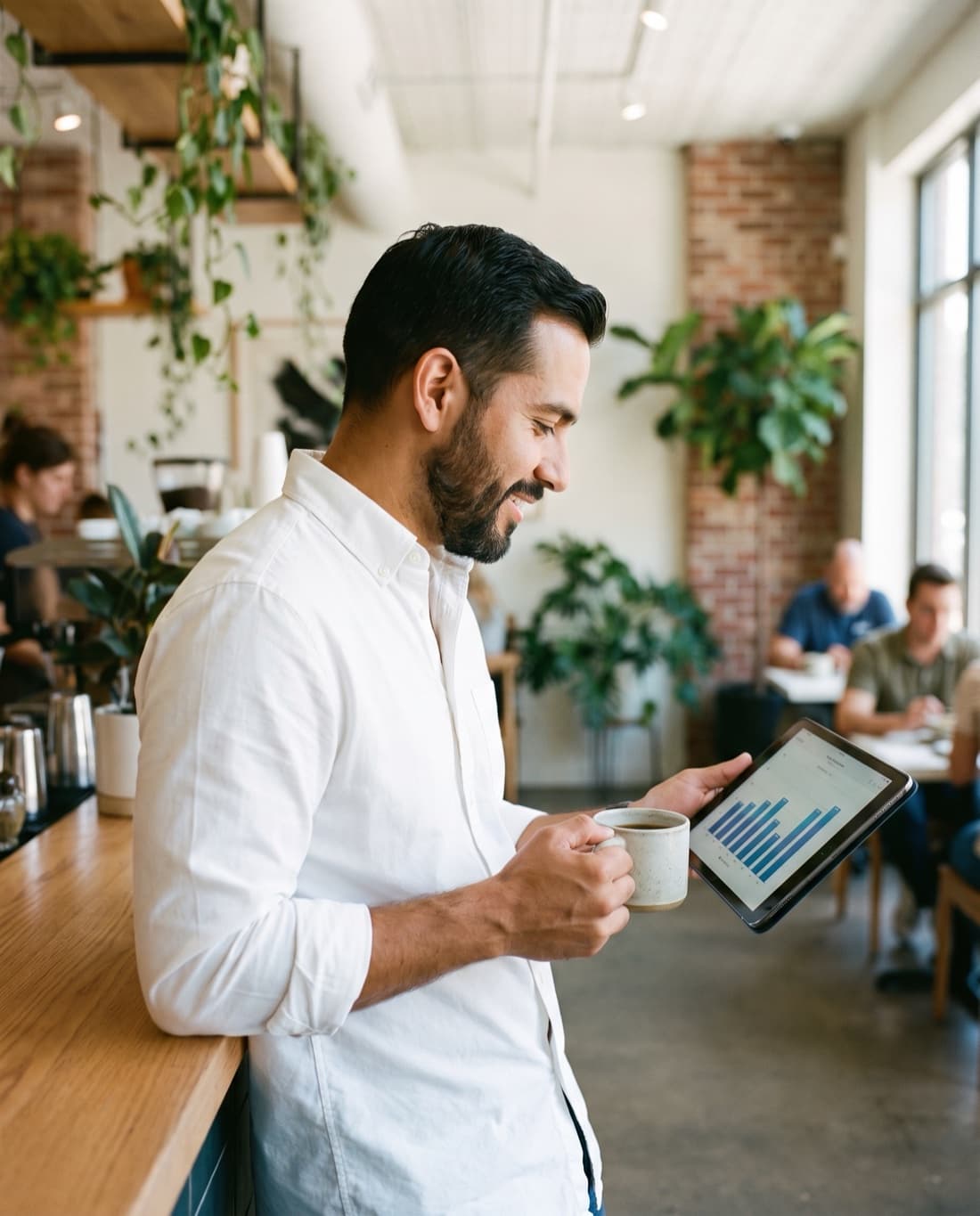 A cafe owner reviewing his numbers on a tablet